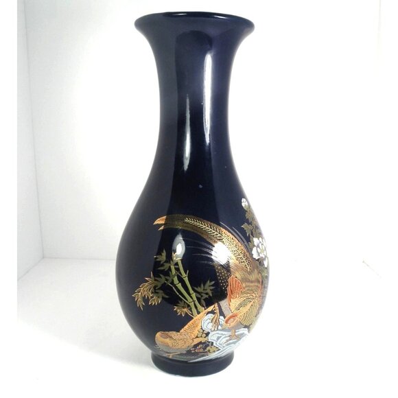 Vintage Cobalt Blue Japanese Porcelain Vase W/ Gold Pheasant With  Floral  Desig - Picture 6 of 9